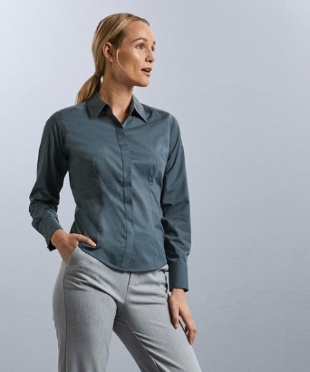 Women's long sleeve polycotton easy care fitted poplin shirt